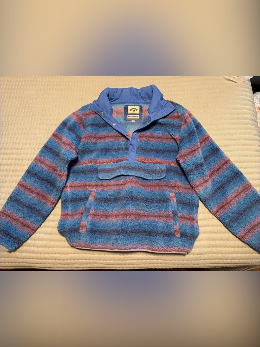 Billabong women’s fleece quarter button up blue and pink stripe